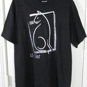Pre-Owned Hanes SS Le Chat Silver Metallic Cat Outline Black T-Shirt, L (42-44)